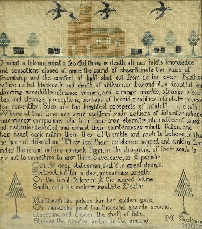 Two early 19th century framed samplers. One dated 1807 by M Buckland, worked with a church, blackbirds and trees and large verse, the other dated 1824 by Jane Myatt Horton worked with a wide border, with spot motifs of d